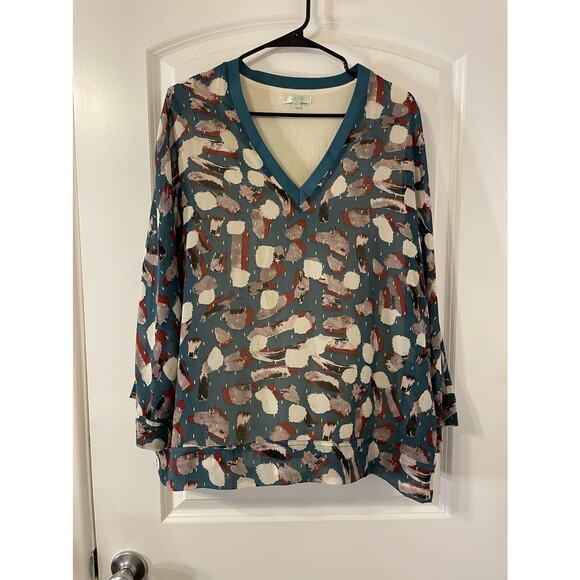 Melody Tam Blouse M/L Sheer Green Abstract Art to Wear Preppy Officecore - Picture 1 of 6